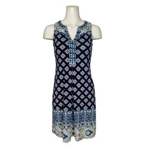 Hale Bob Jeweled Dress XS Blue Colorblock Sleeveless Mini Shift V-Neck Coastal